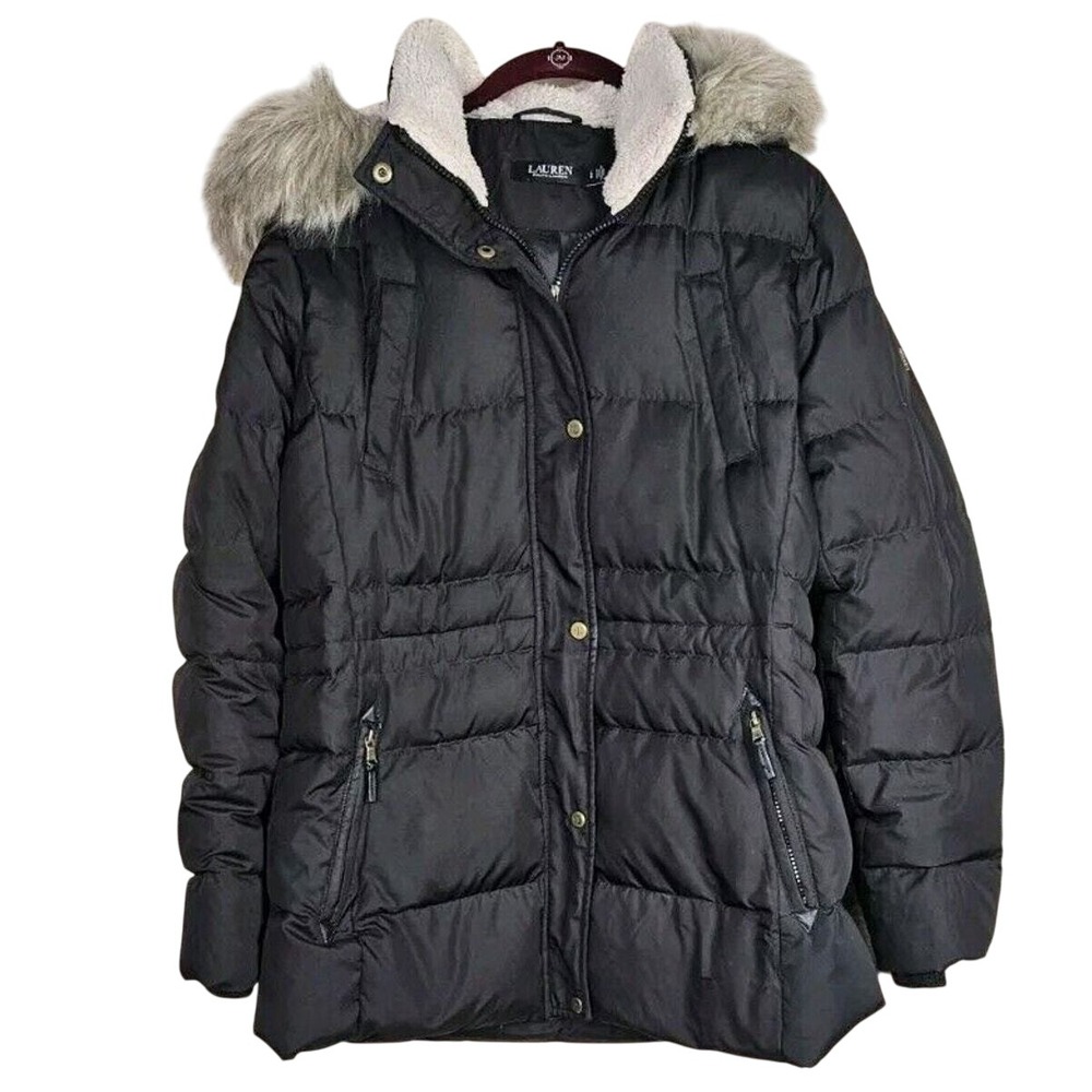 Ralph Lauren Black Label Faux-Fur-Trim Hooded Down Puffer Coat Women's‎ Large